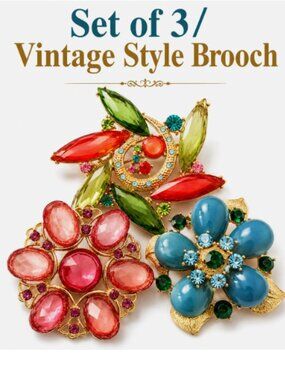 （Set of 3) Pink Vintage Style Cute Flower Floral Blue Brooch Pendant Charm Pin